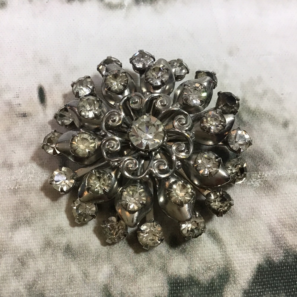 Vintage Rhinestone Brooch Flower Burst Cluster Mandala Shape Costume Jewelry Pin